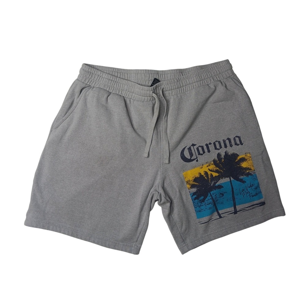 Corona Sweat Shorts Mens Large Gray Palm Tree Graphic Drawstring Fleece Lounge